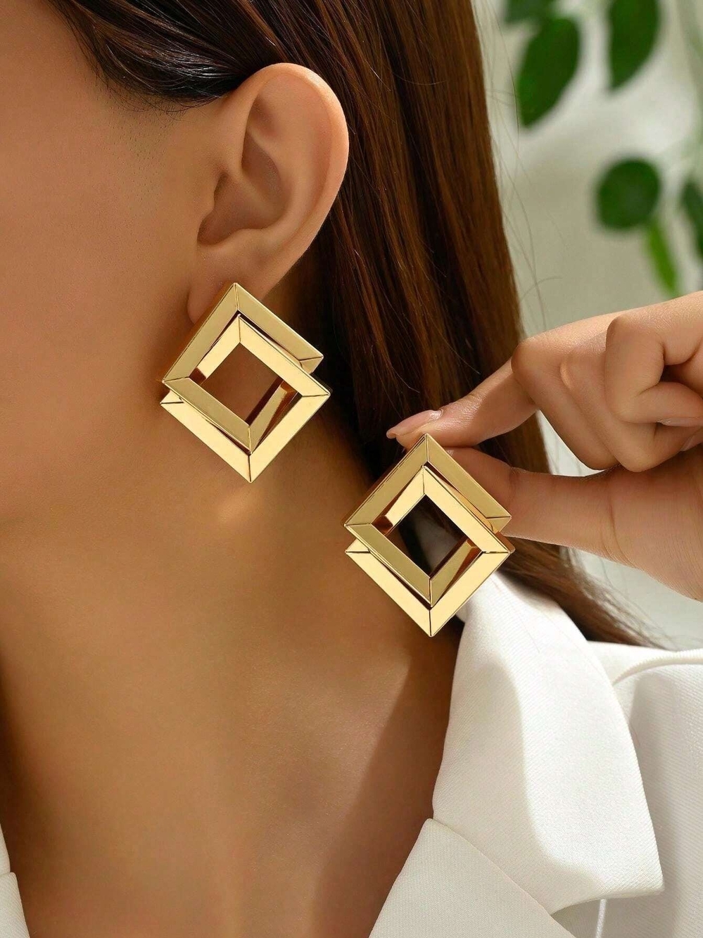 Gold Geometric Double-Square Statement Earrings